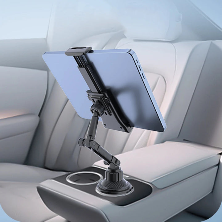  A backseat view of the tablet holder installed in a car, ideal for passengers.