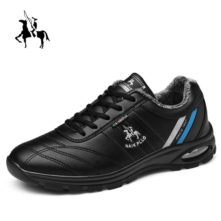 Black sneakers with blue stripes photographed from a side angle, highlighting their sleek design.