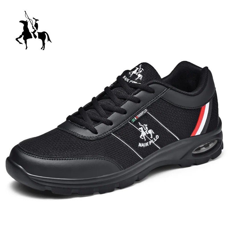  A modern pair of black sneakers featuring red and white stripes, perfect for casual wear.