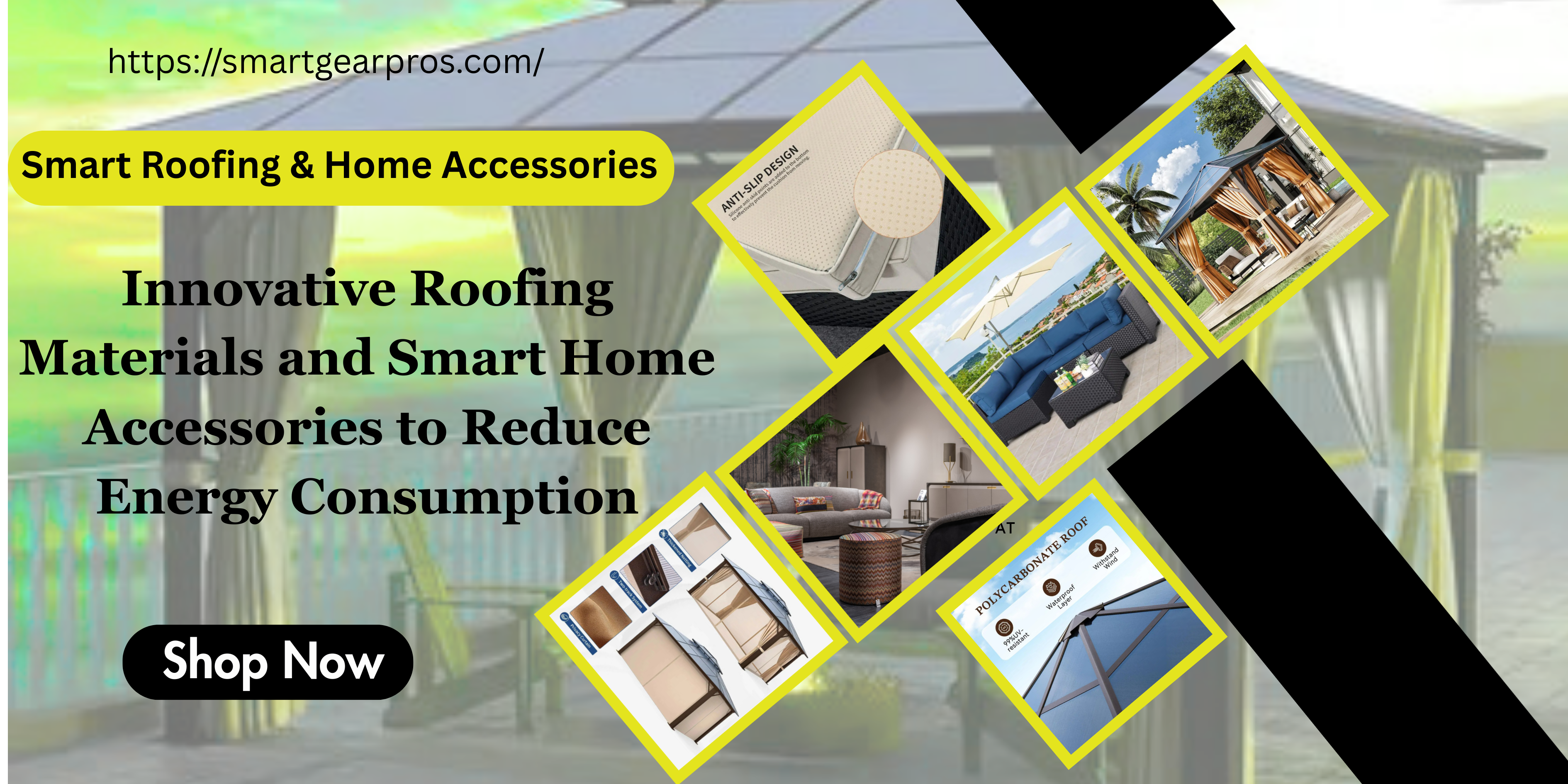 Advertisement for smart roofing and home accessories with images of a house, solar panels, and energy-efficient appliances.