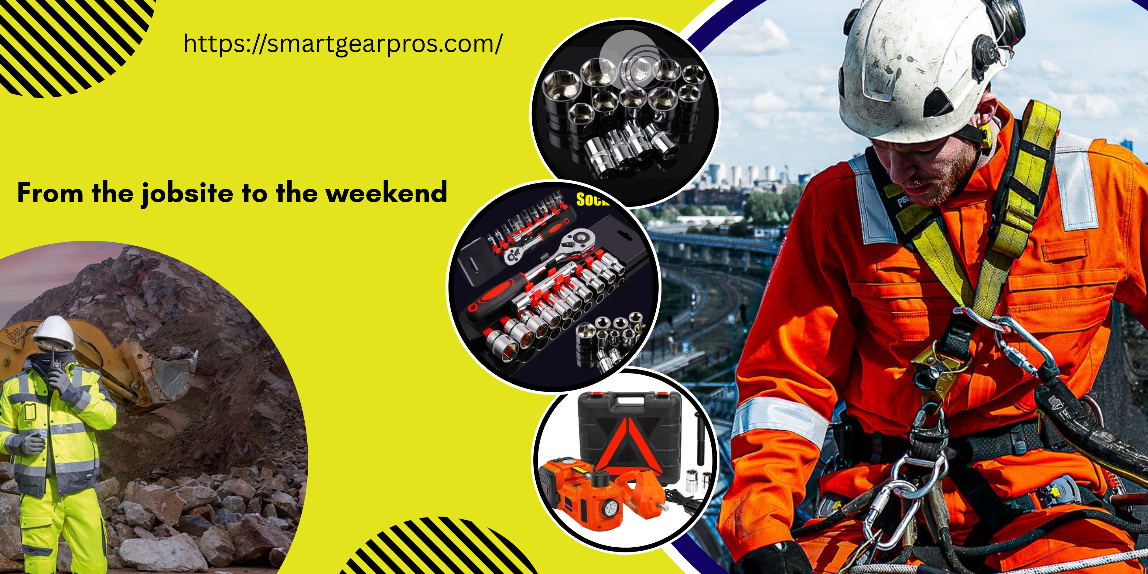 Person in safety gear with tools and cityscape background, promoting SmartGearPros website.