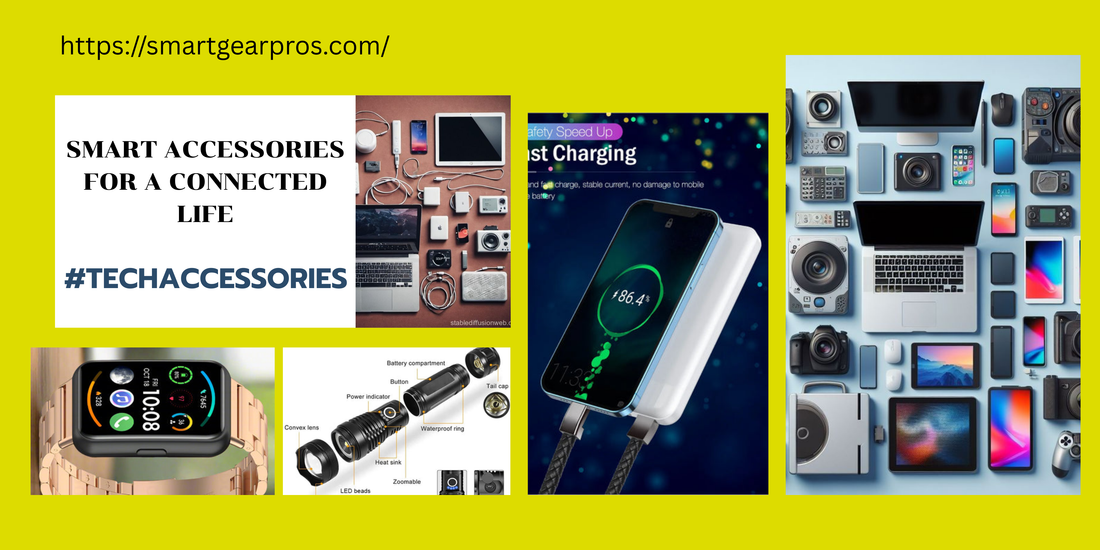 Promotional banner for smart accessories with various tech products on a yellow background.