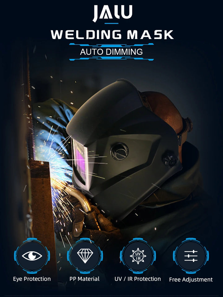 JALU welding helmet branding with a professional welder using the helmet in an industrial environment.