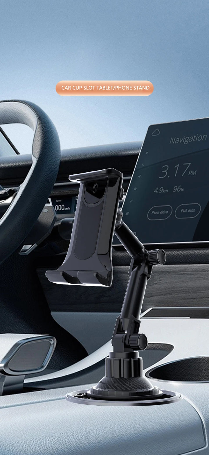  A black adjustable tablet and phone holder securely mounted in a car’s cup holder, designed for hands-free navigation and entertainment.