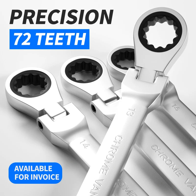 Close-up of the 72-teeth precision ratchet wrench with a chrome finish and ergonomic handle.