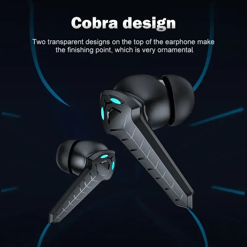 Futuristic Cobra-inspired wireless earbuds with transparent design elements