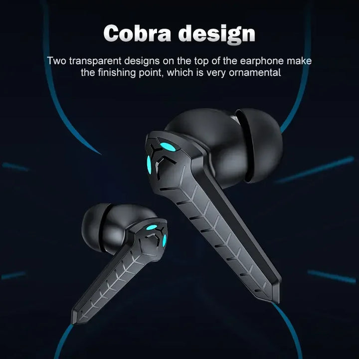 Futuristic Cobra-inspired wireless earbuds with transparent design elements
