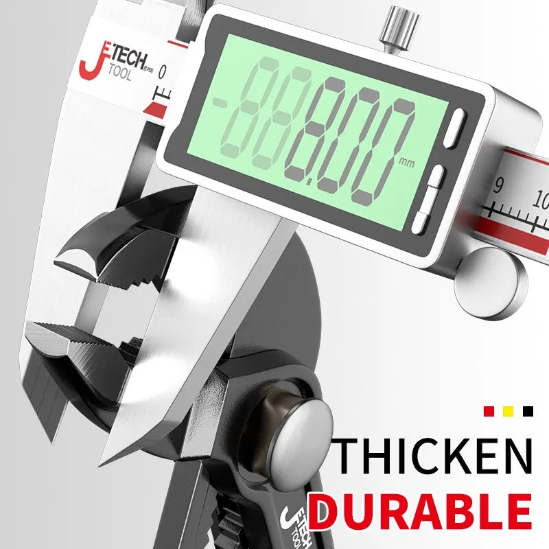 Pliers being measured for thickness and durability with a digital gauge.