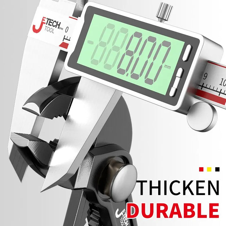 Pliers being measured for thickness and durability with a digital gauge.