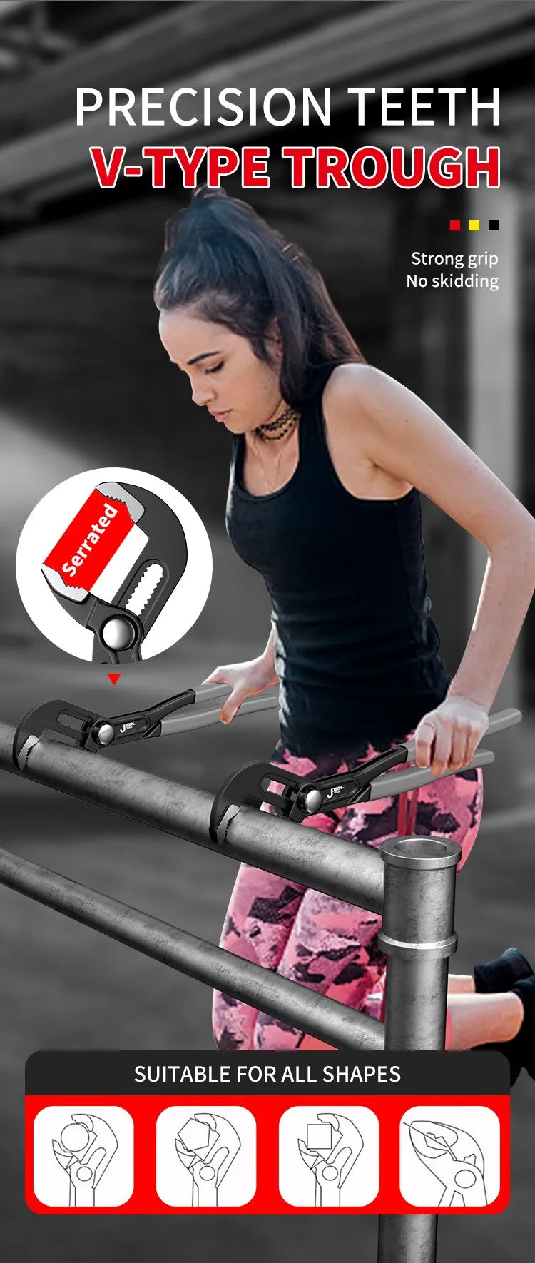 Infographic showing improved grip with precision teeth.