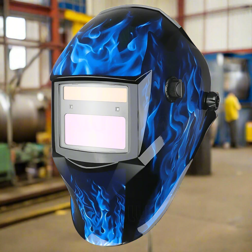  High-quality auto-darkening welding helmet with a striking blue flame design, perfect for professional welders.
