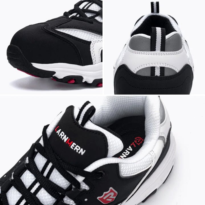 Multiple angles of the LARNMERN steel toe safety sneakers.
