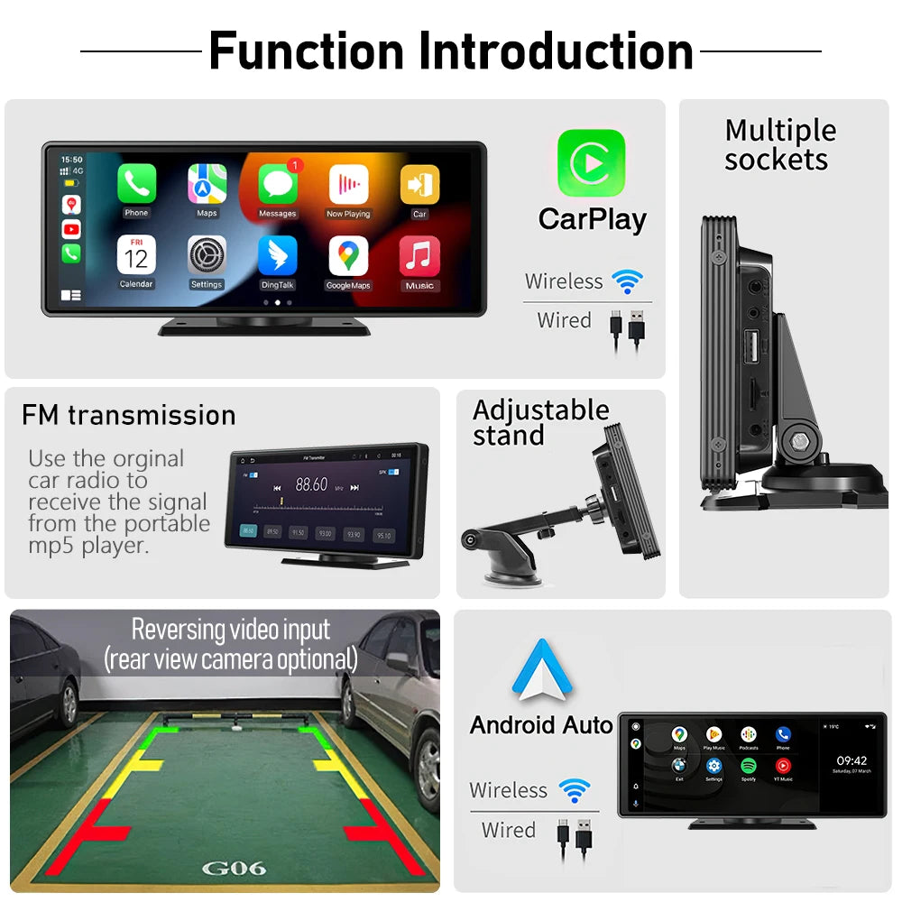Summary of the features including FM transmission, CarPlay, and Android Auto.