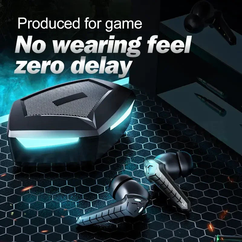 SmartGearPros earbuds displayed with a gaming console, promoting zero delay sound for gaming