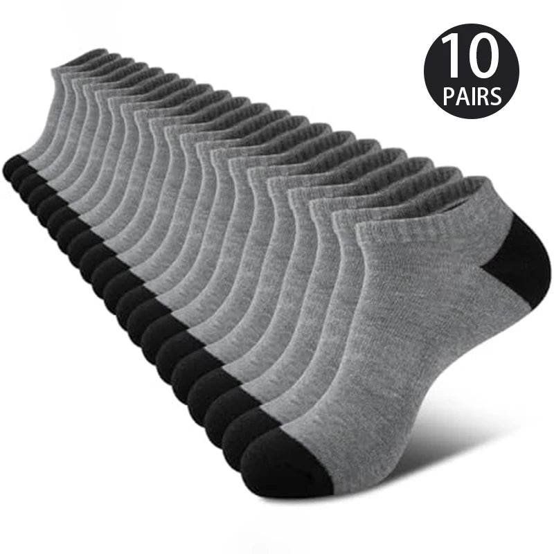 A stack of 10 pairs of grey sports socks, displayed neatly.
