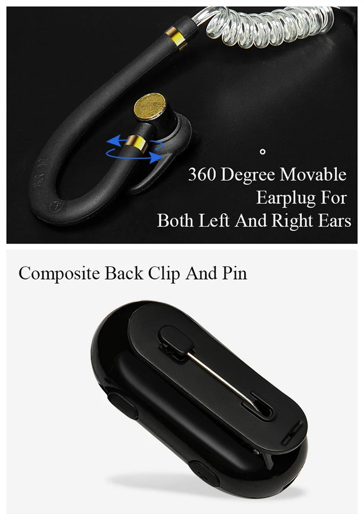 360-degree movable earplug with composite back clip and pin on a black background