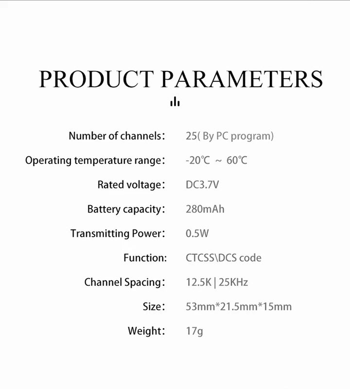 Product parameters table for a device with technical specifications.