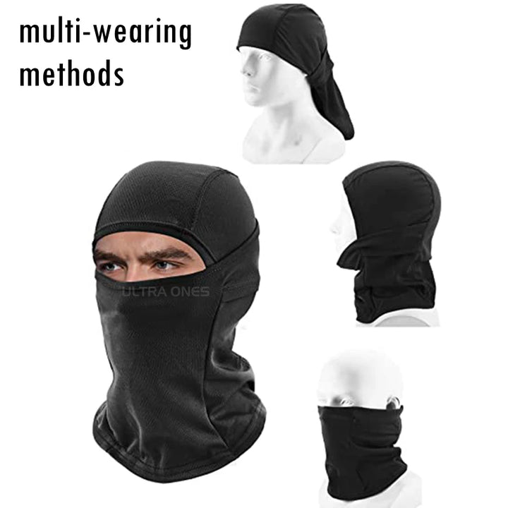 Black balaclava shown worn on a person, folded, and displayed on a mannequin head with text 'multi-wearing methods'.