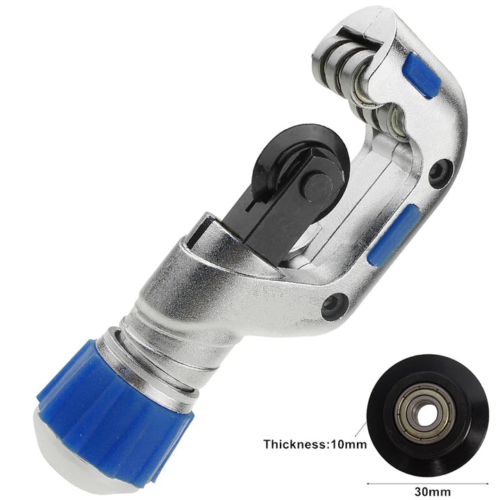 Metal pipe cutting tool with blue accents on a white background. Shows the cutting blade dimensions in the bottom-right corner.