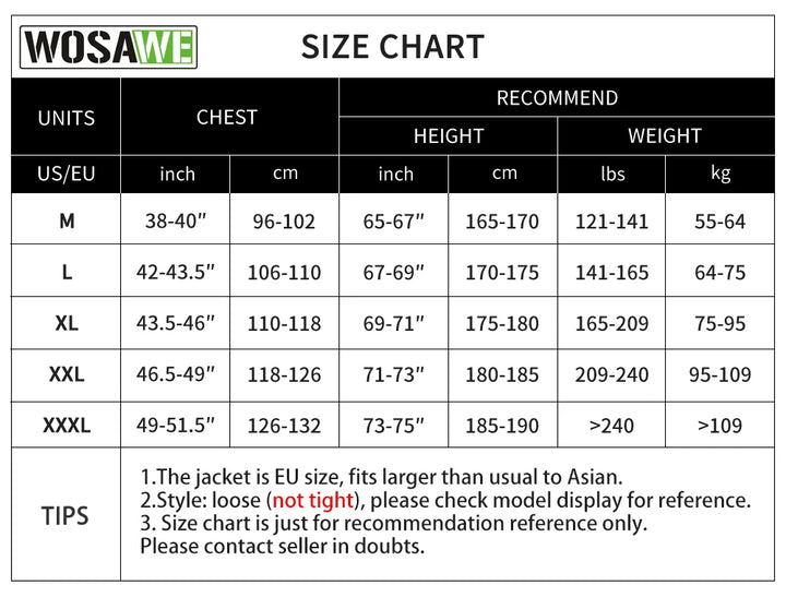 WOSAWE size chart for clothing with measurements in inches, cm, height, and weight.
