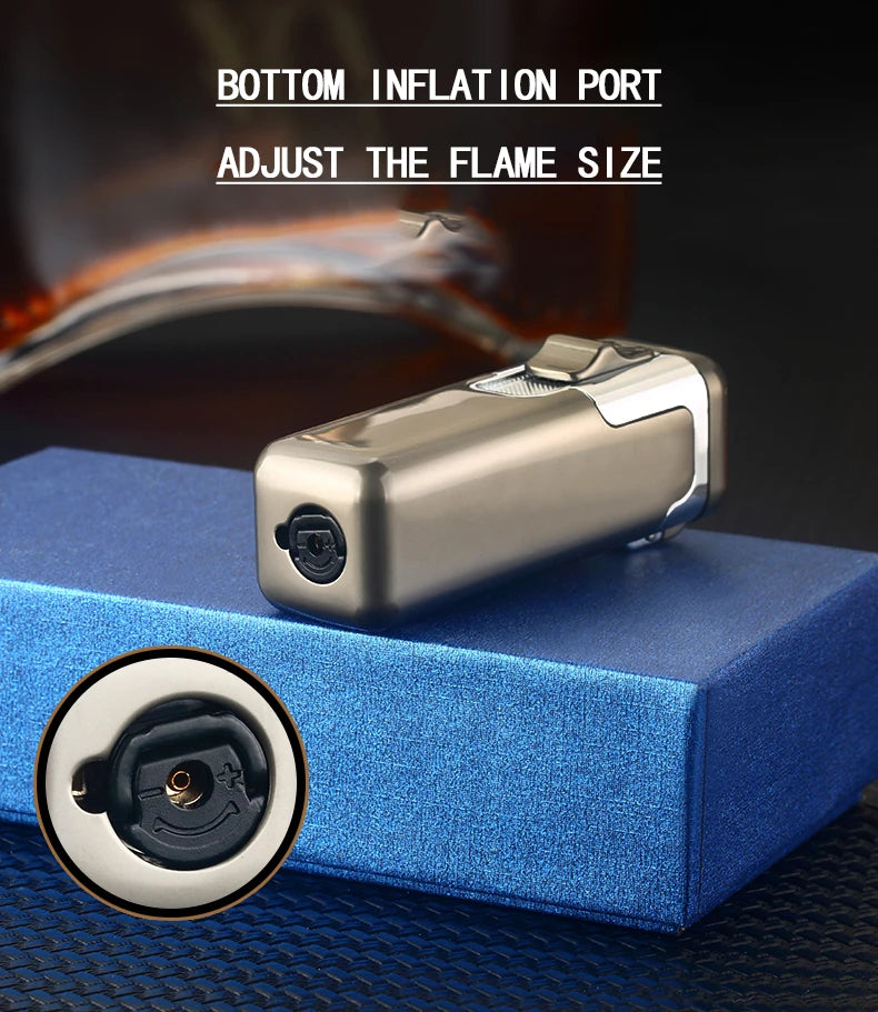 Windproof Metal Torch for Cigar, Butane Lighters, Four Fire, Blue Flame Jet, Adjustable, Luxury, Briquet
