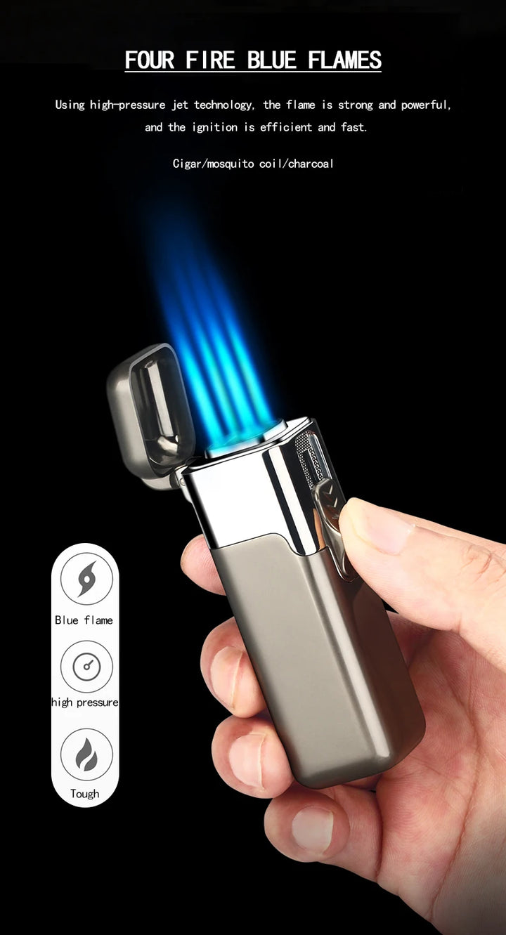 Windproof Metal Torch for Cigar, Butane Lighters, Four Fire, Blue Flame Jet, Adjustable, Luxury, Briquet