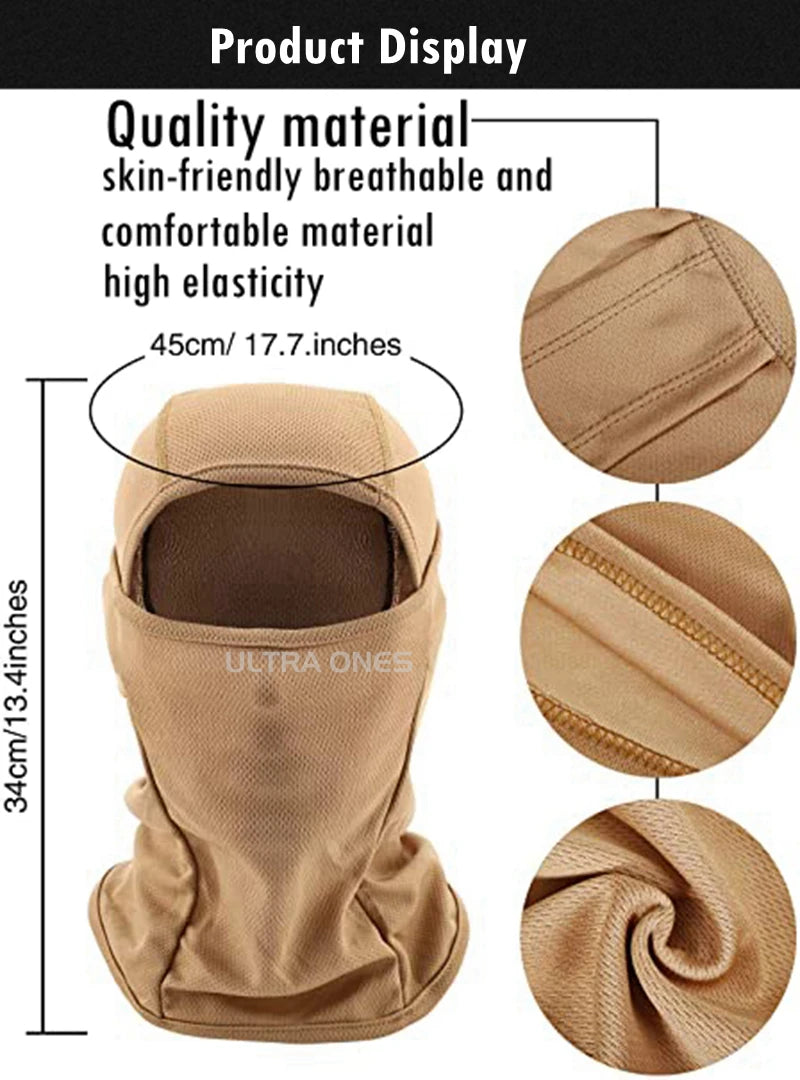 Balaclava with material properties and dimensions on a white background