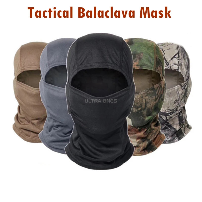 Five tactical balaclava masks in different colors on a white background with 'Ultra Ones' branding.