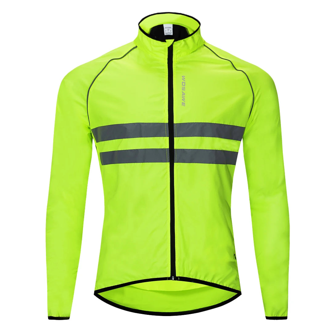 Fluorescent green cycling jacket with reflective strip on a white background