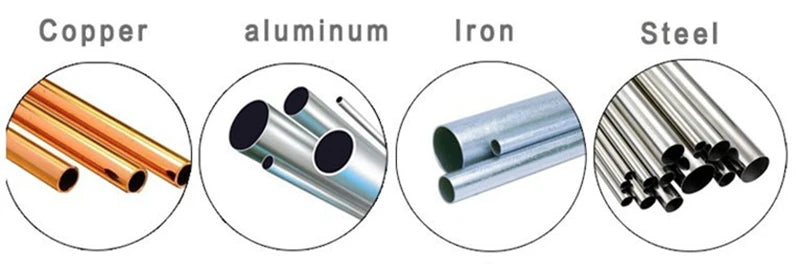 Illustrations of copper, aluminum, iron, and steel pipes in separate circles.