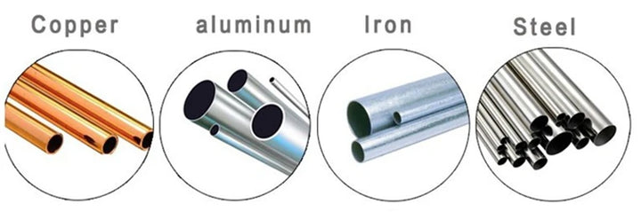 Illustrations of copper, aluminum, iron, and steel pipes in separate circles.