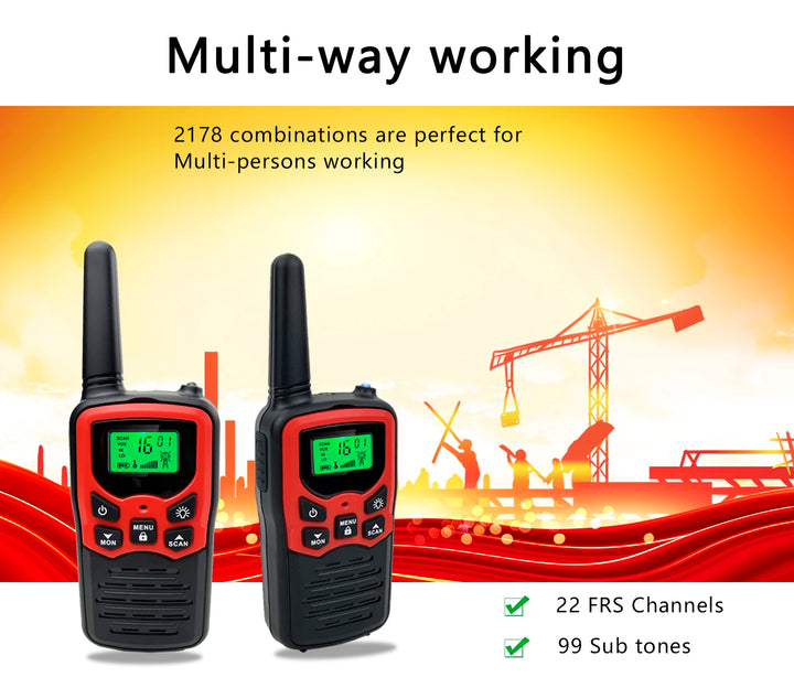 Two walkie-talkies with construction site background and text about multi-way working and features.