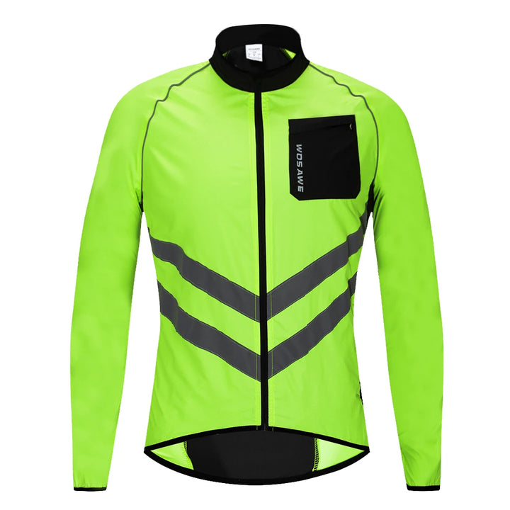 Fluorescent green cycling jacket with black reflective stripes on a white background