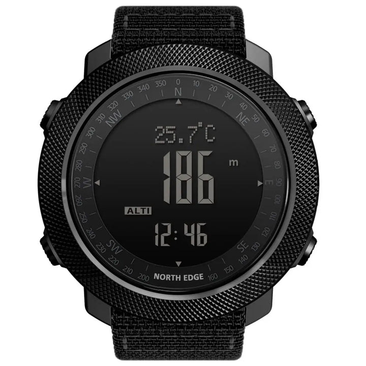 Watch on wrist displaying compass heading in rugged environment