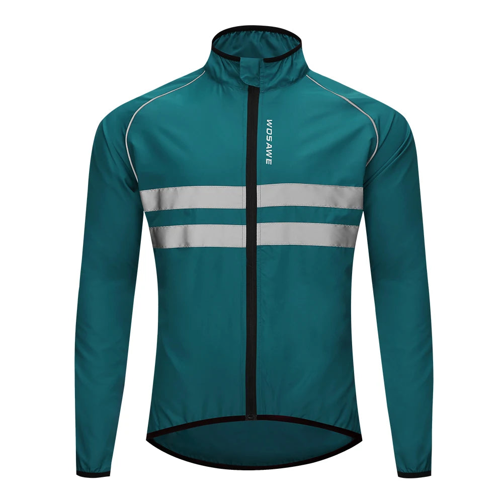 Teal cycling jacket with reflective stripes on a white background