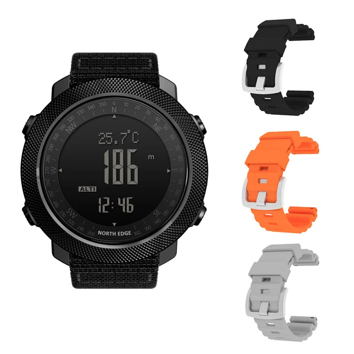 Side profile of the NORTH EDGE watch showing durable case and buttons