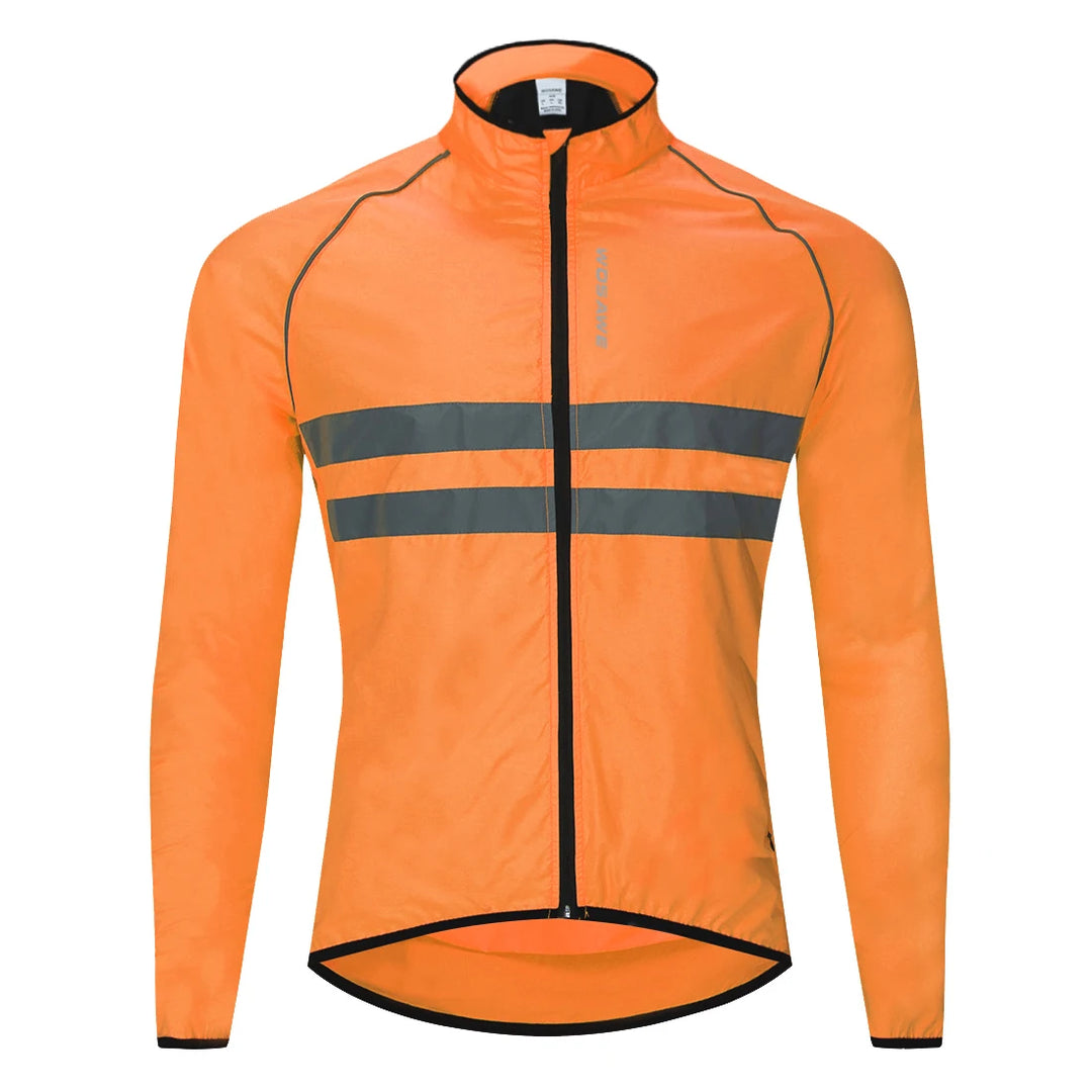 Orange cycling jacket with reflective strip on a white background