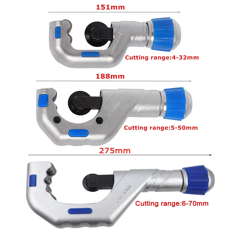 Three pipe cutters with measurement labels and cutting range details on a white background
