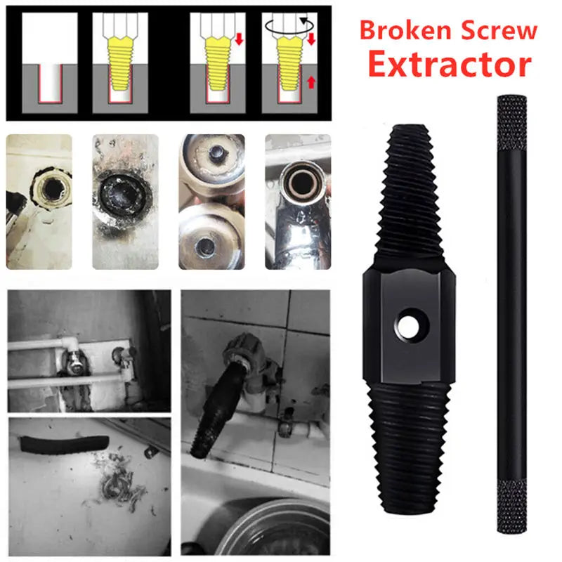 Broken screw extractor tool with images showing its use on plumbing issues.