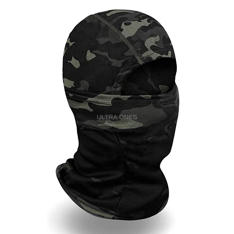 Black and gray camouflage balaclava with 'Ultra Ones' branding on a white background