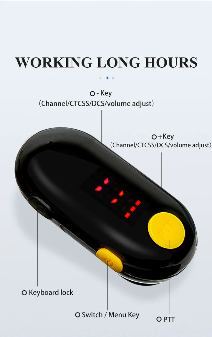 Black electronic device with yellow buttons and text indicating features on a white background