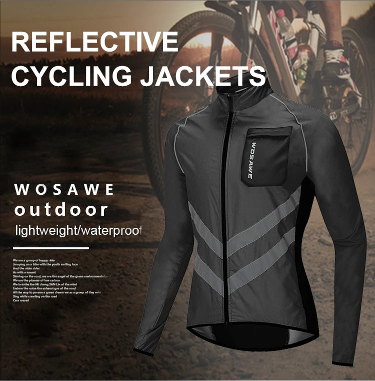 Reflective cycling jacket with WOSAWE branding on a blurred background of a cyclist on a road.