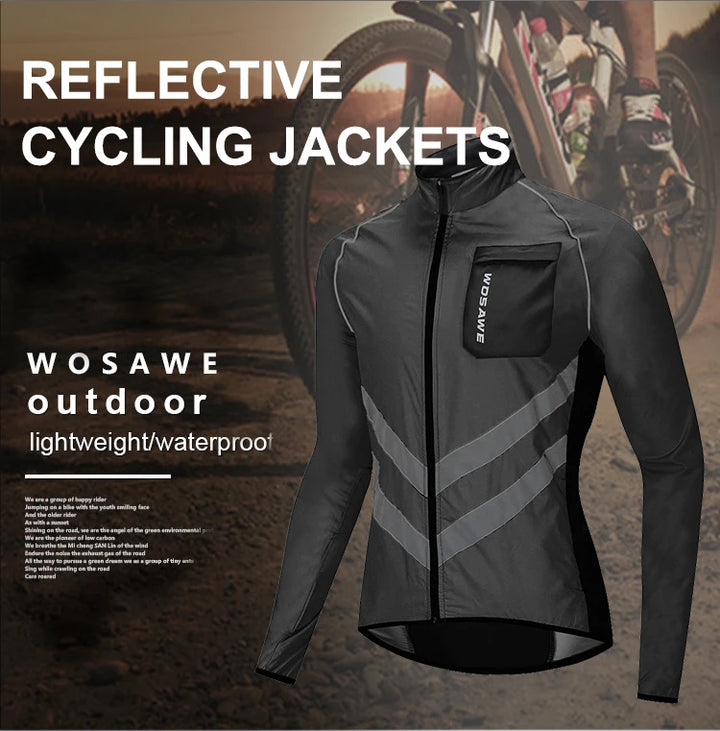 Reflective cycling jacket with WOSAWE branding on a blurred background of a cyclist on a road.