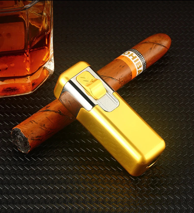 Windproof Metal Torch for Cigar, Butane Lighters, Four Fire, Blue Flame Jet, Adjustable, Luxury, Briquet