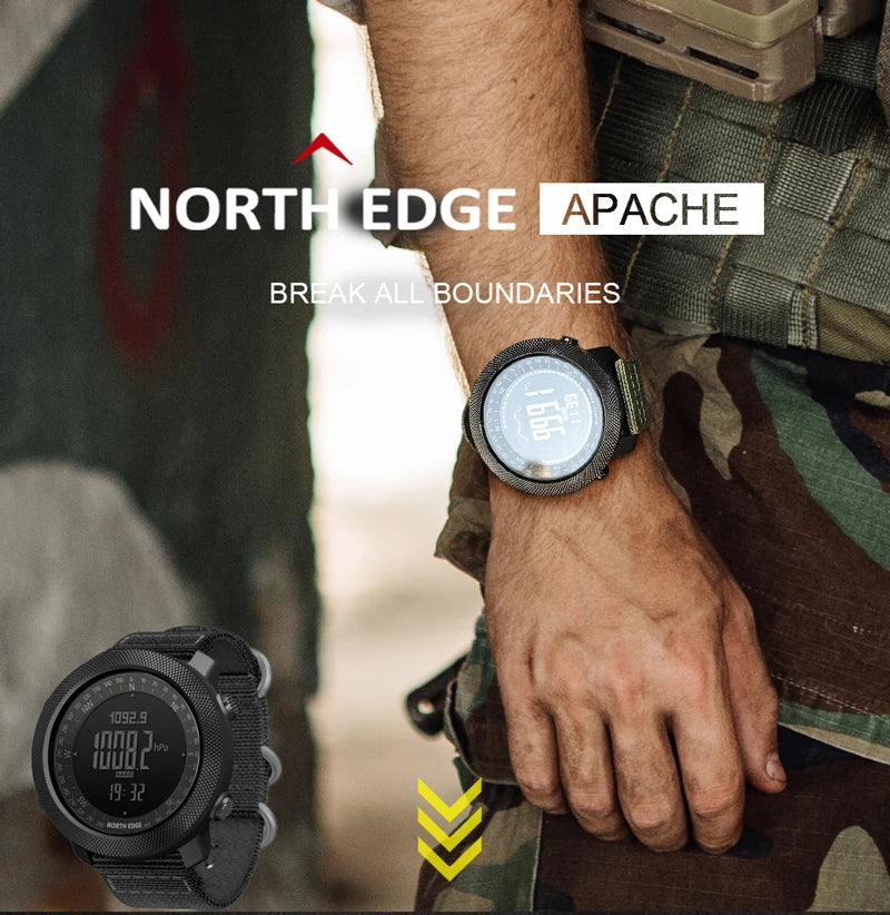Close-up of NORTH EDGE Apache watch face in dark tactical lighting