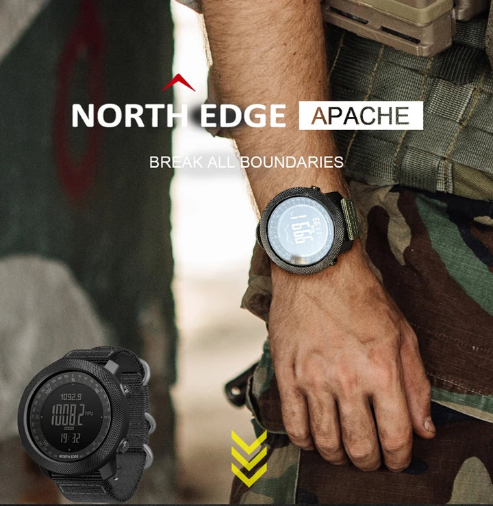Close-up of NORTH EDGE Apache watch face in dark tactical lighting