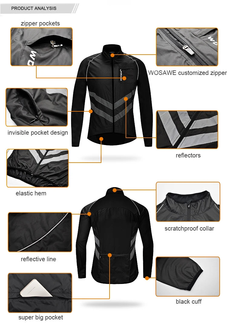 Black jacket with various features highlighted on a white background