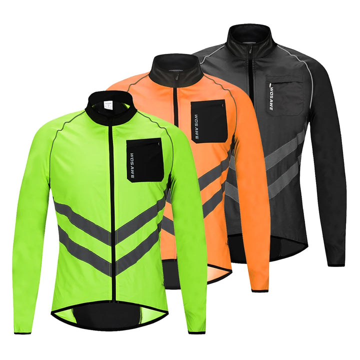 Three cycling jackets in green, orange, and black on a white background