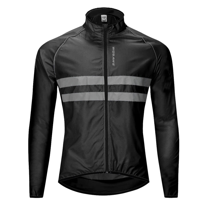 Black cycling jacket with reflective stripes on a white background