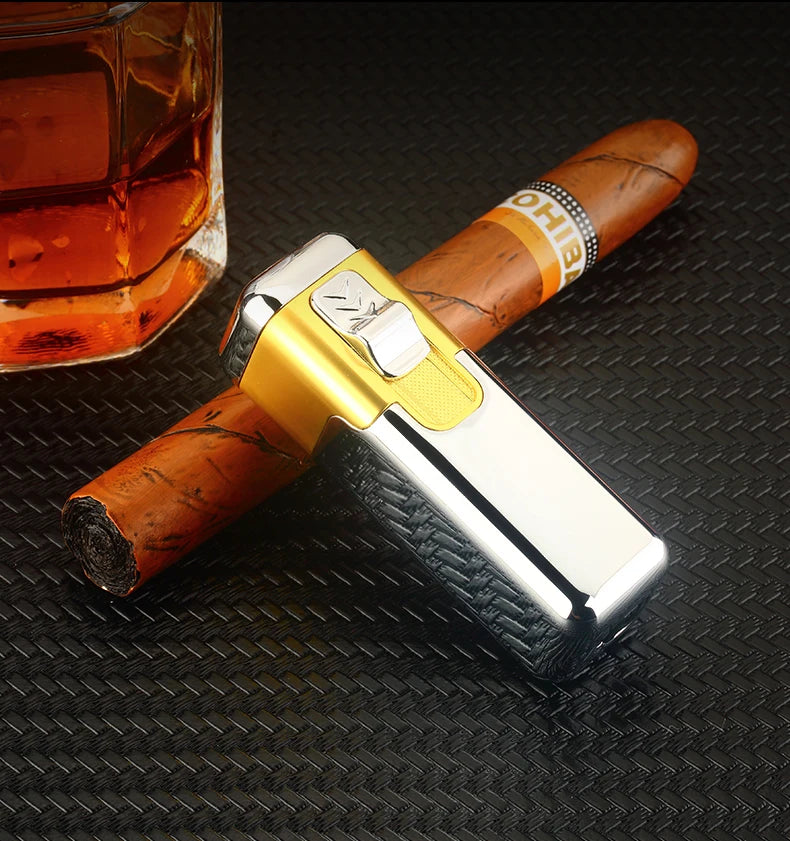 Windproof Metal Torch for Cigar, Butane Lighters, Four Fire, Blue Flame Jet, Adjustable, Luxury, Briquet